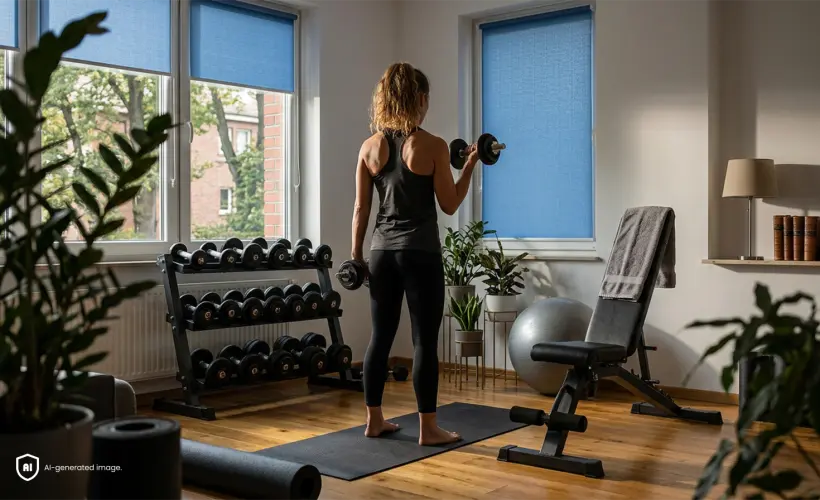 Woman working out in a home gym in a room with standard blue blinds on the window.