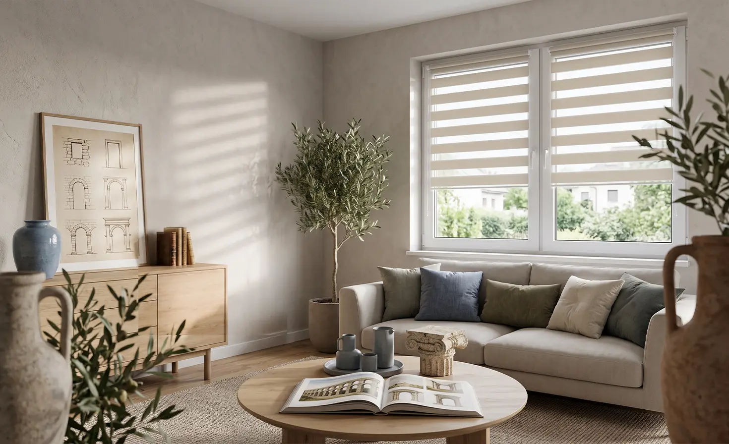 A modern living room with a day and night blind and books about antiquity.