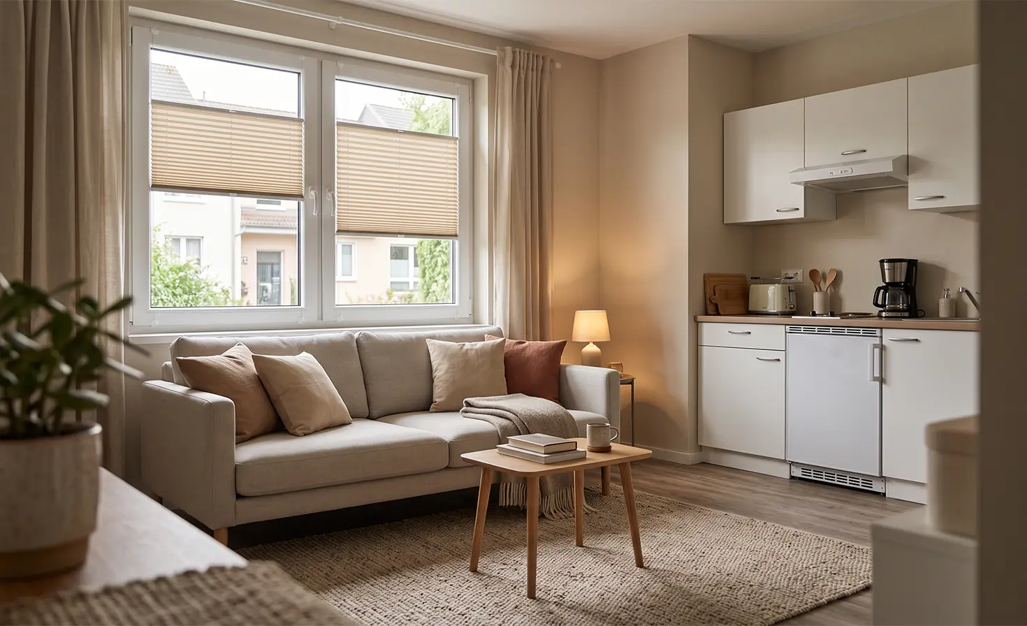 A small studio apartment with beige standard pleated blinds on the window.