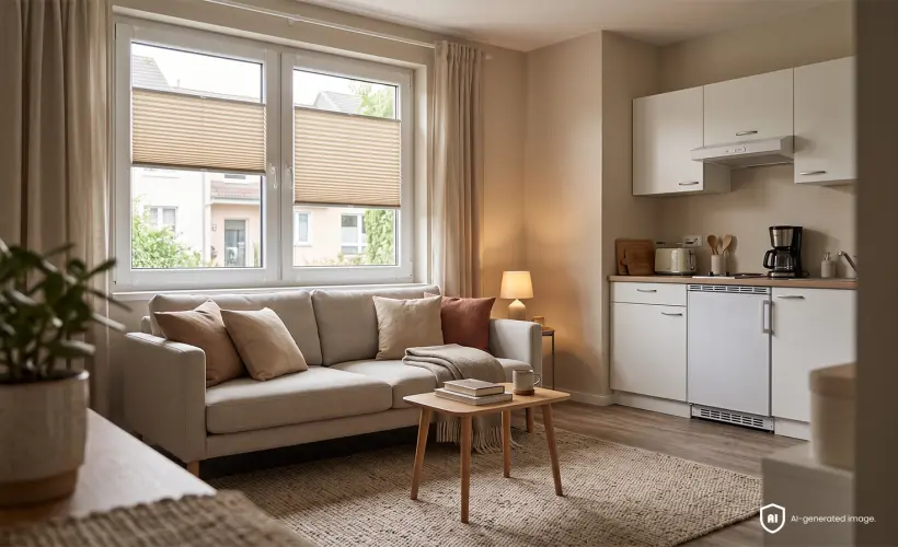 A small studio apartment with beige standard pleated blinds on the window.