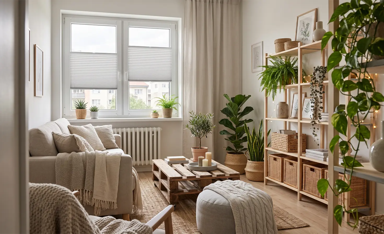 Mały, przytulny pok&oacute;j w stylu boho na oknie plisy standard szare