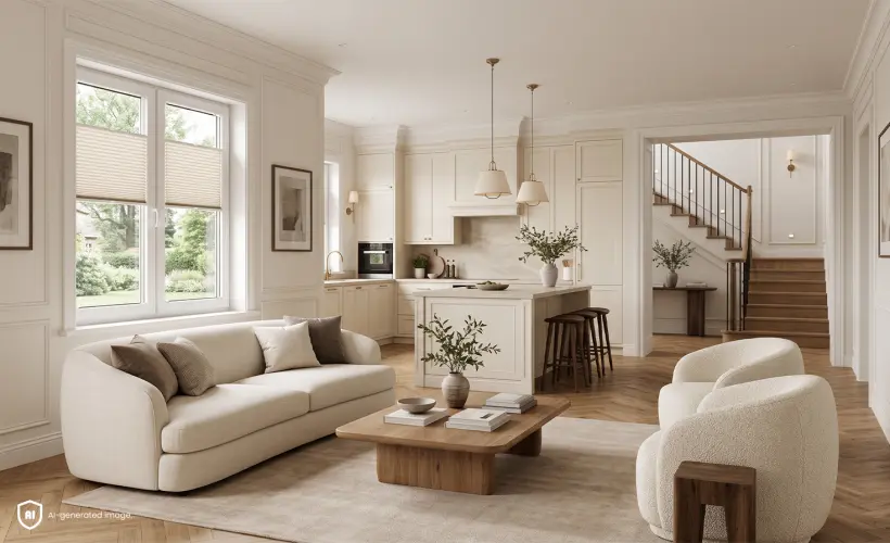 Bright, spacious open-plan living room with a kitchen in the modern classic style, featuring standard beige pleated blinds on the window.
