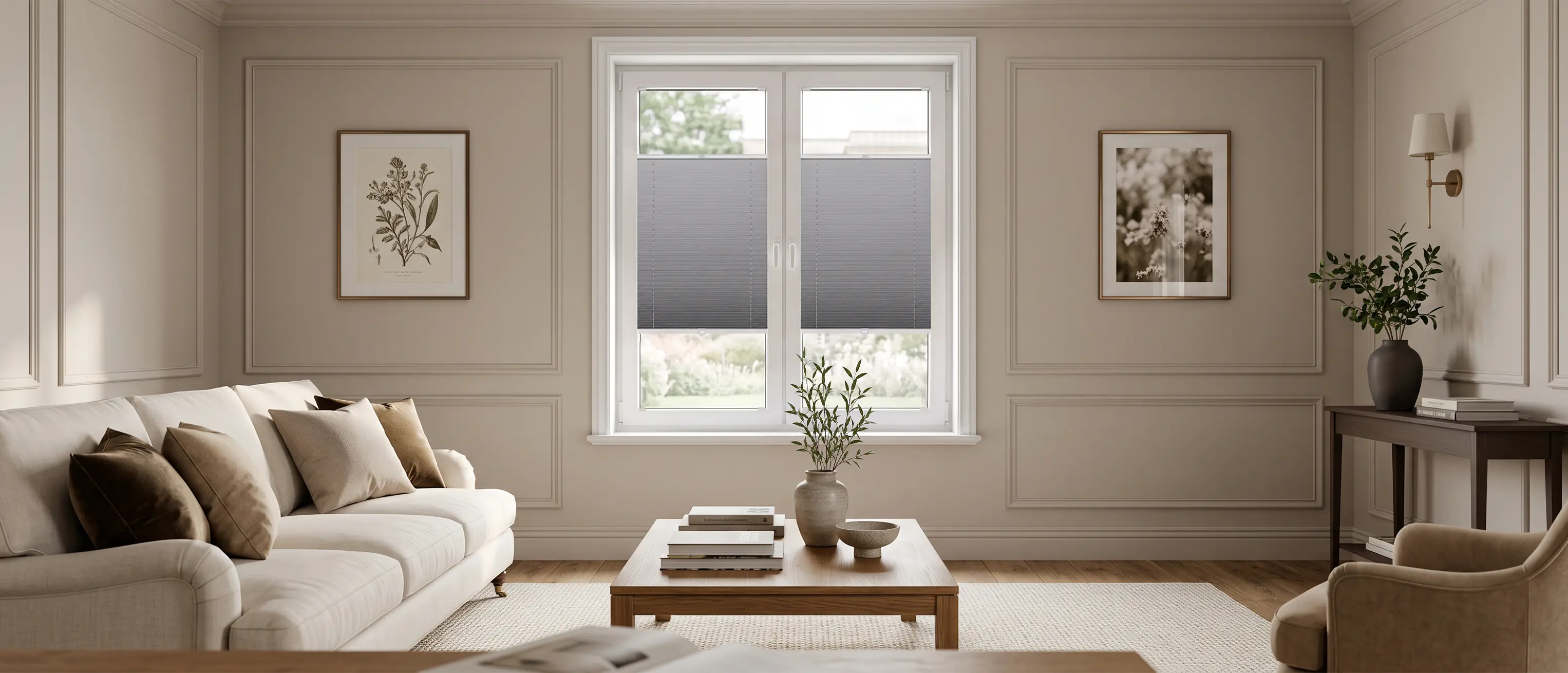 Bright, spacious beige living room in the modern classic style with standard grey pleated blinds on the window.