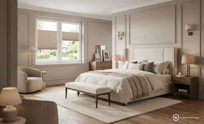 Cosy bedroom in the modern classic style with beige honeycomb pleated blinds on the window.