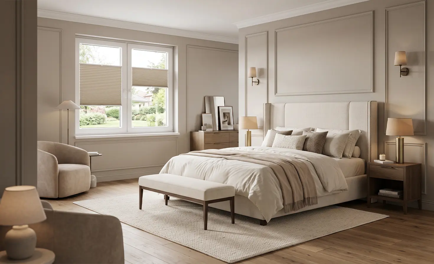 Przytulna sypialnia w stylu modern classic na oknie plisy plaster miodu w kolorze beżowym