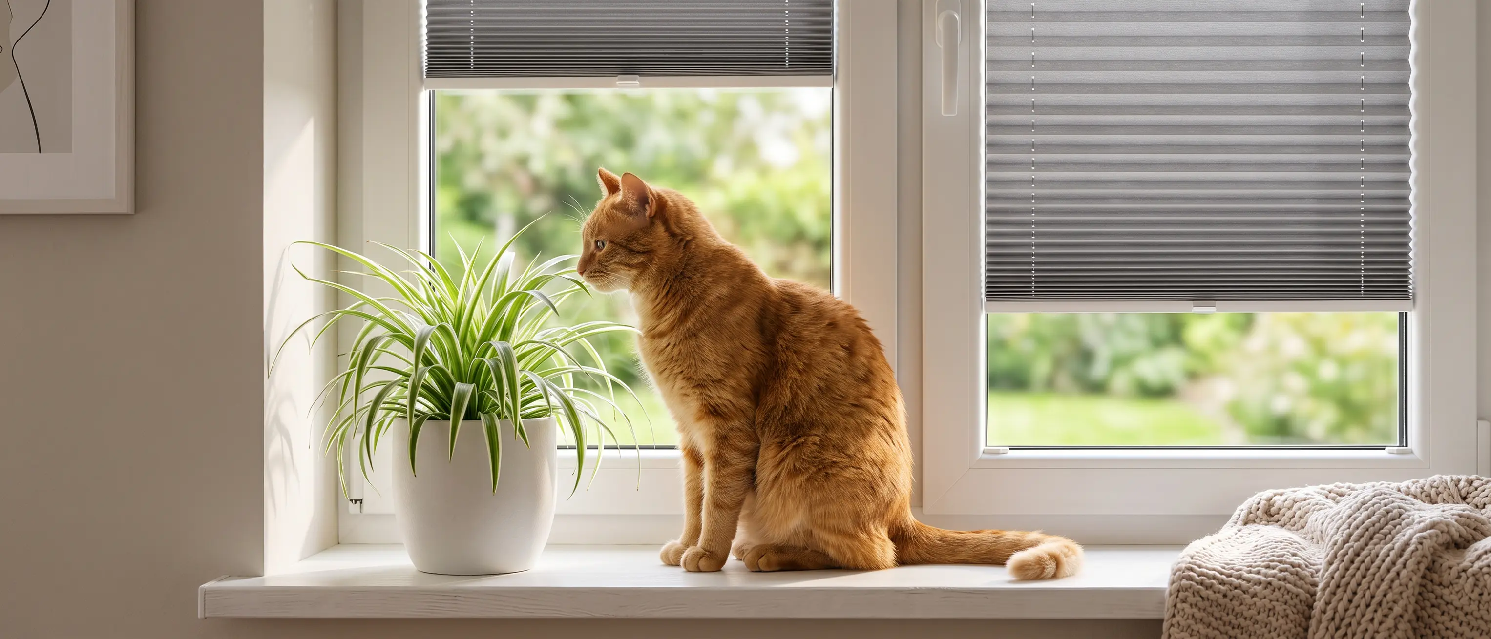 Small ginger cat sitting on a windowsill, with a grey standard pleated blind in the background.