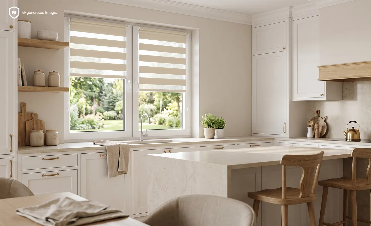Beige day-and-night blinds fitted to two windows in a bright kitchen.