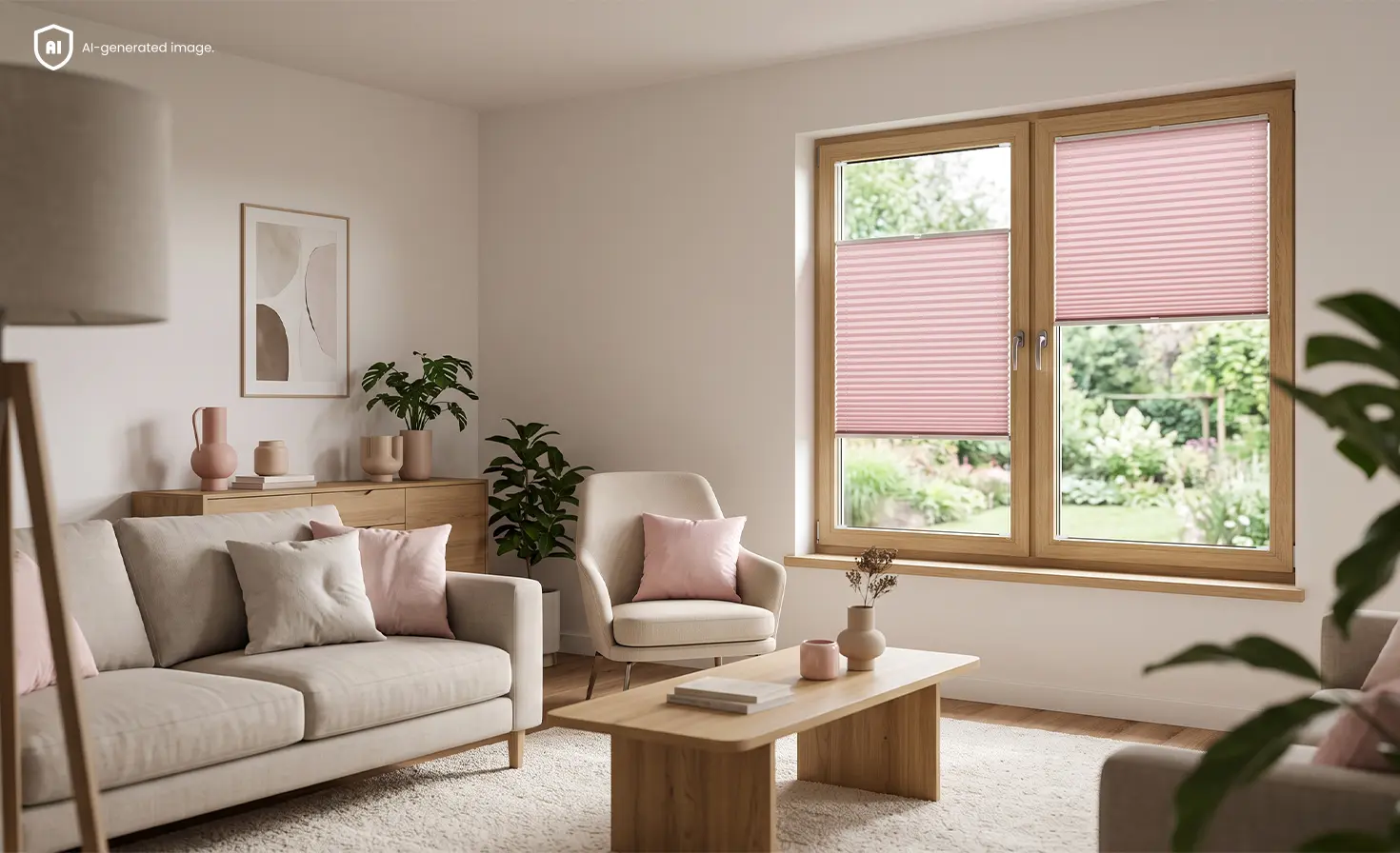 Pink pleated blinds covering selected sections of two windows in a bright living room.