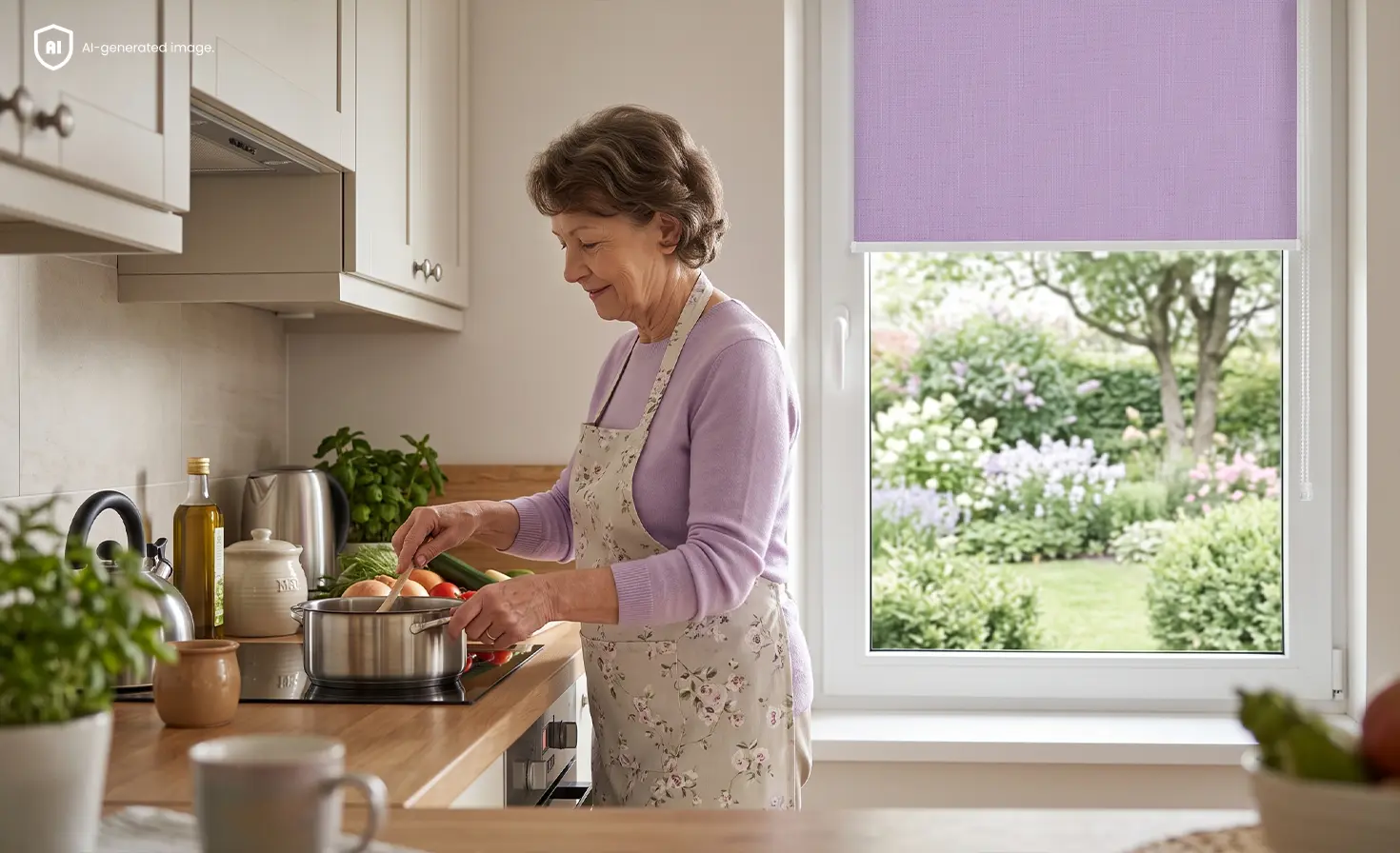Seniorka w małej kuchni gotująca obiad, na oknie roleta standard w kolorze pastelowy ametyst