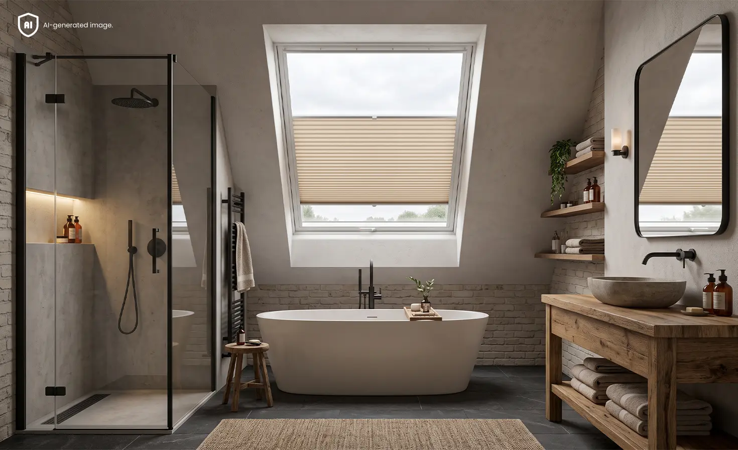 Loft-style bathroom with a bath, wooden elements and a beige pleated blind on a roof window.