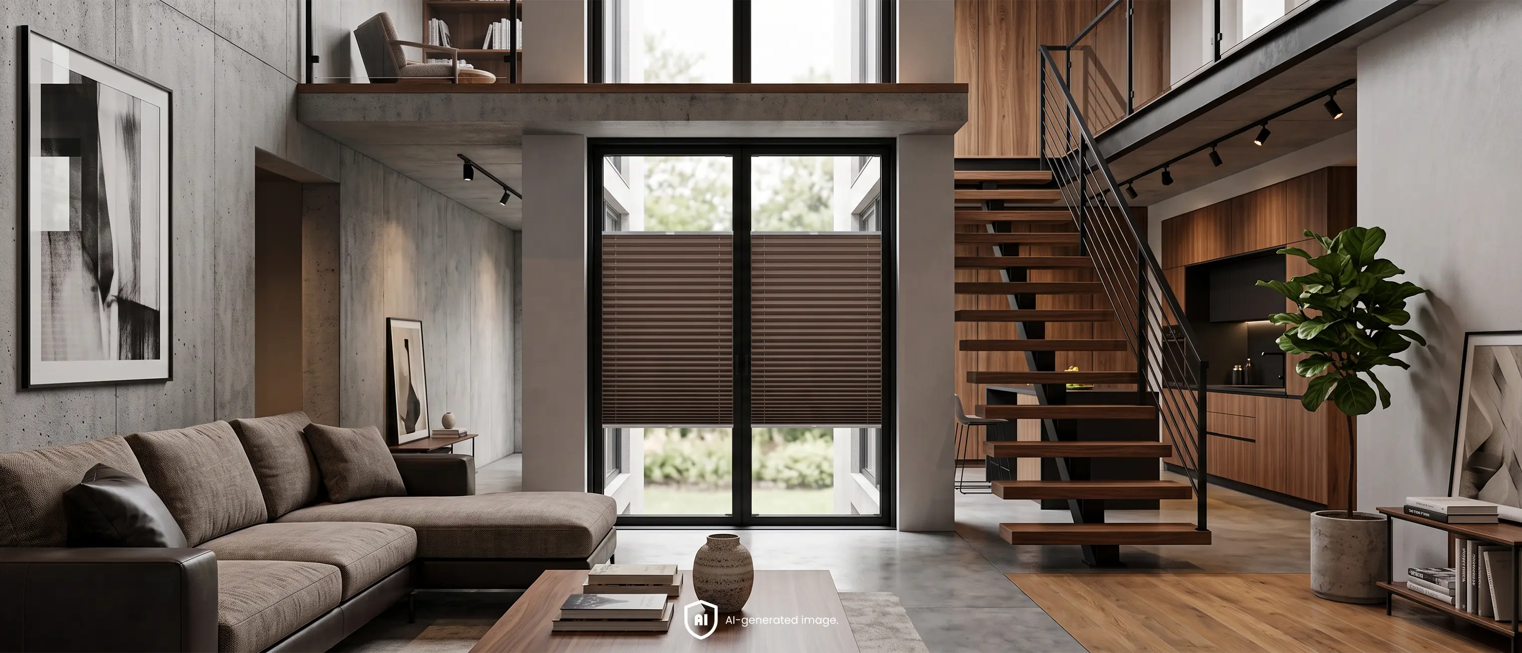 Modern loft living room with concrete, wooden stairs and brown pleated blinds on a tall window.