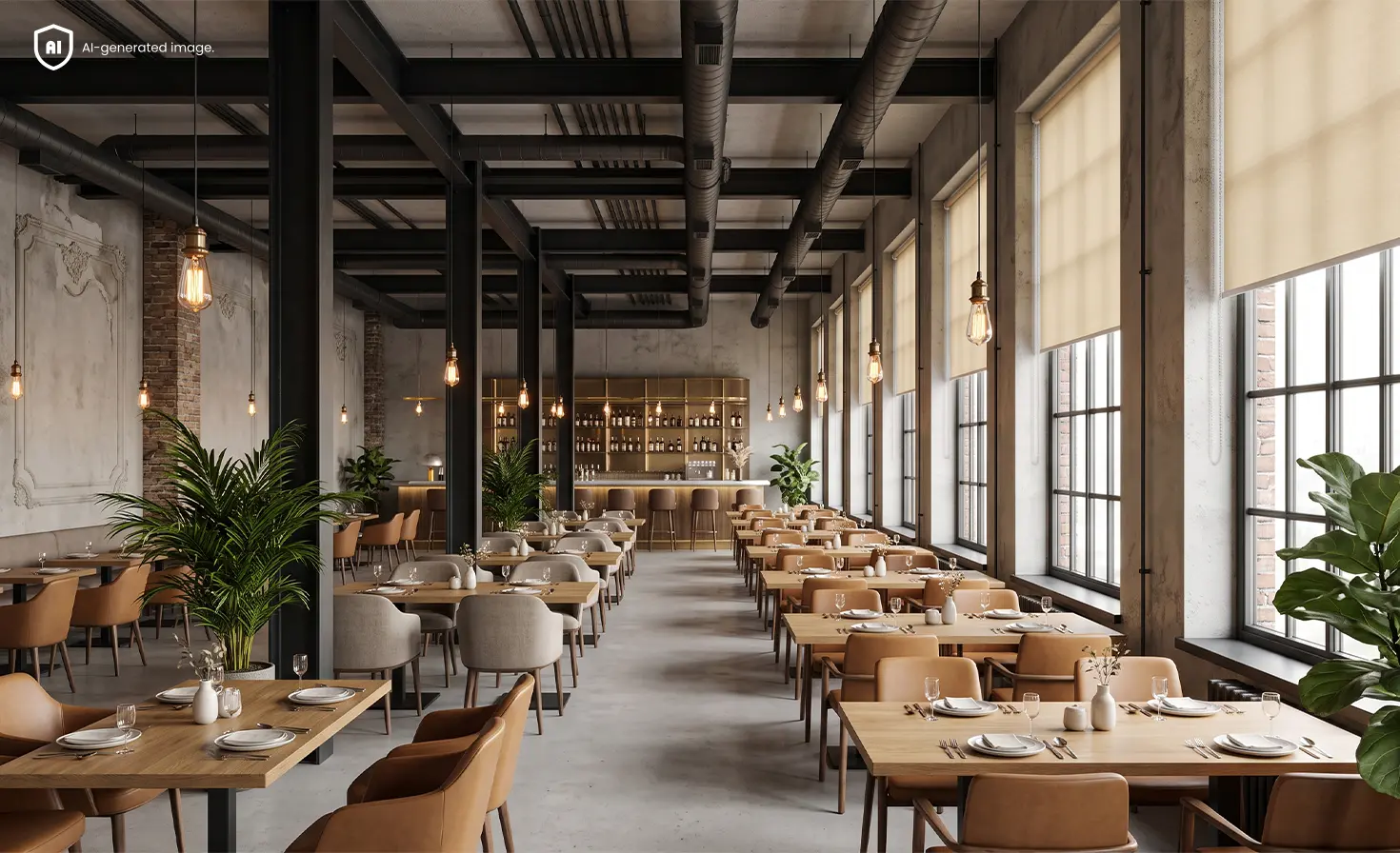 Przestronna restauracja w stylu loftowym z dużymi oknami osłoniętymi jasnymi roletami.