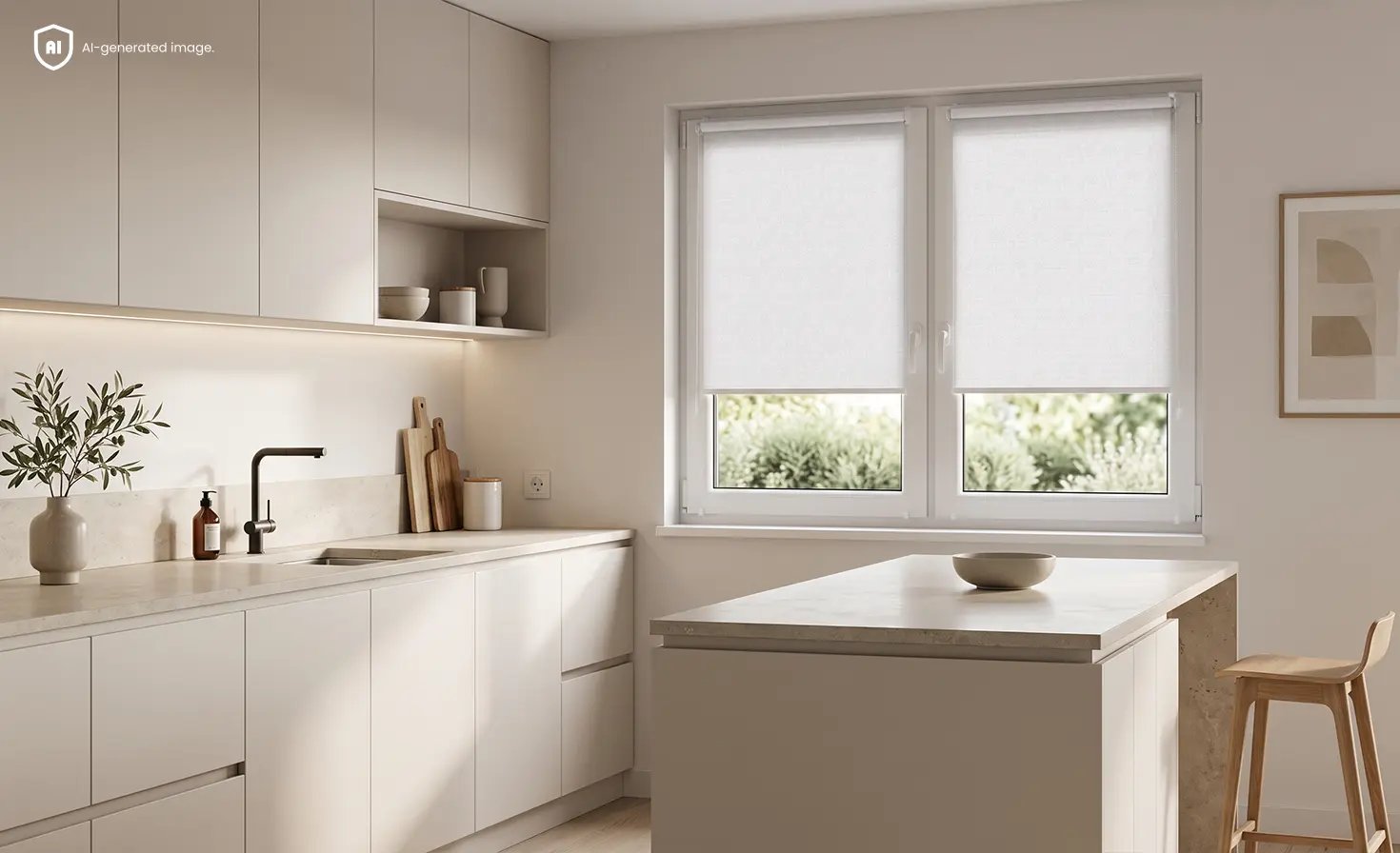 Bright, modern minimalist kitchen with white standard roller blinds