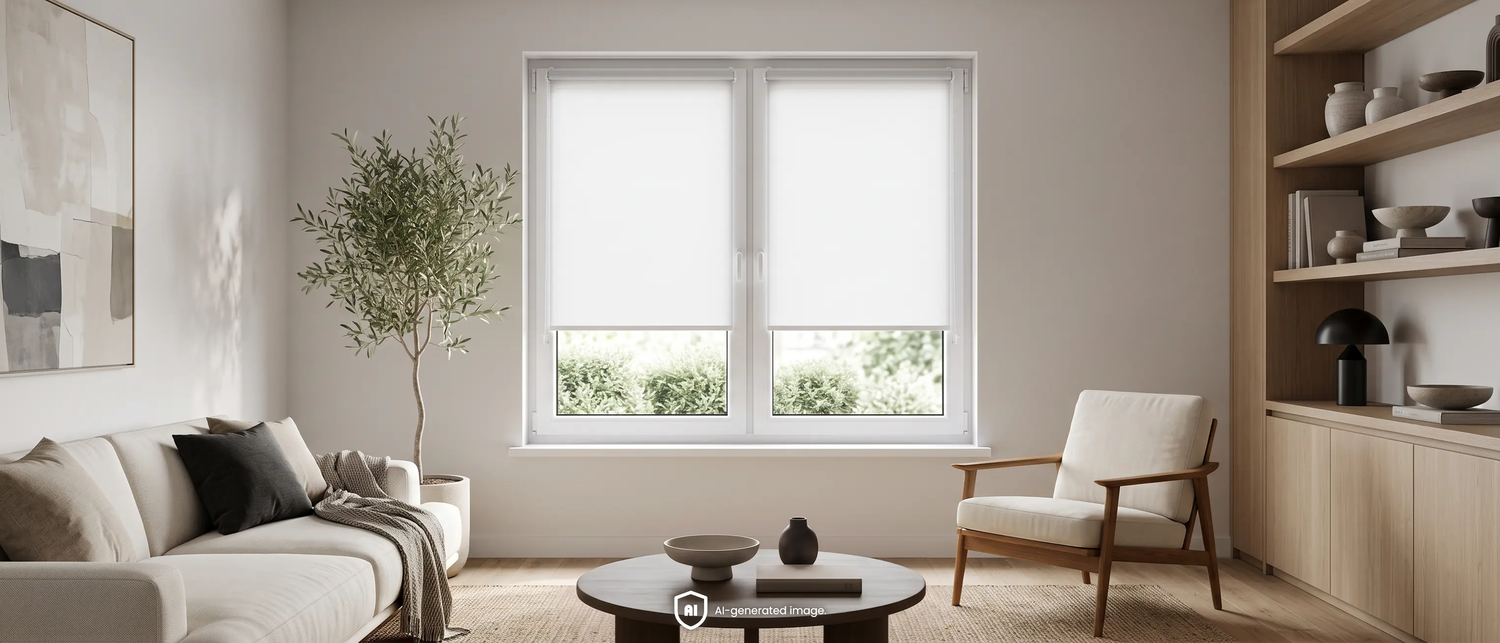 Bright, spacious minimalist living room with white day and night blinds on the windows