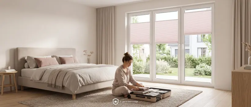 Kobieta pakuje walizkę w jasnej sypialni z r&oacute;żowymi plisami na oknach.