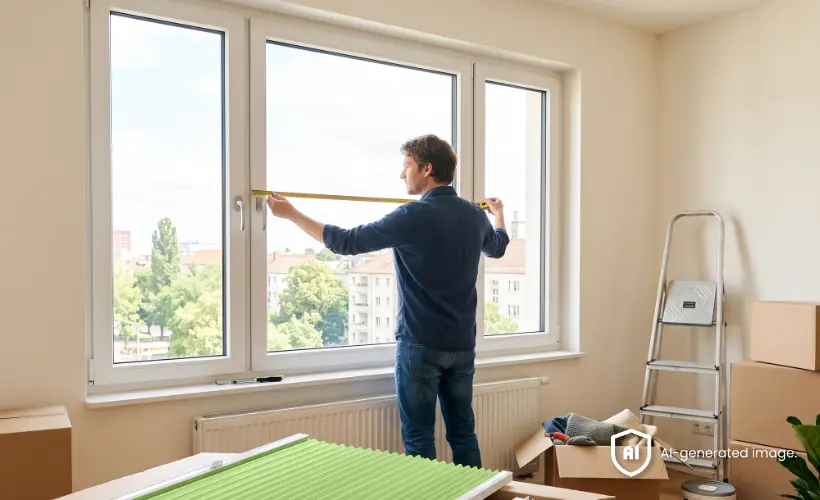 A man measures the width of a window before fitting a pleated blind.