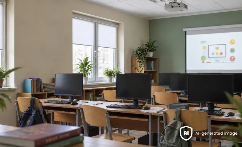 Szkolna pracownia komputerowa z monitorami i jasnymi roletami na oknach.
