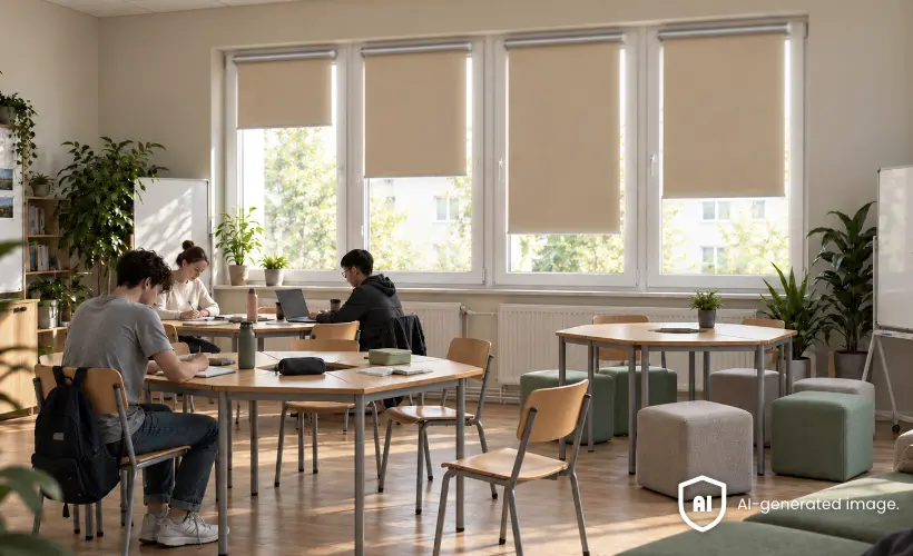 Sala do pracy w grupie ze stołami, krzesłami i beżowymi roletami na dużych oknach.