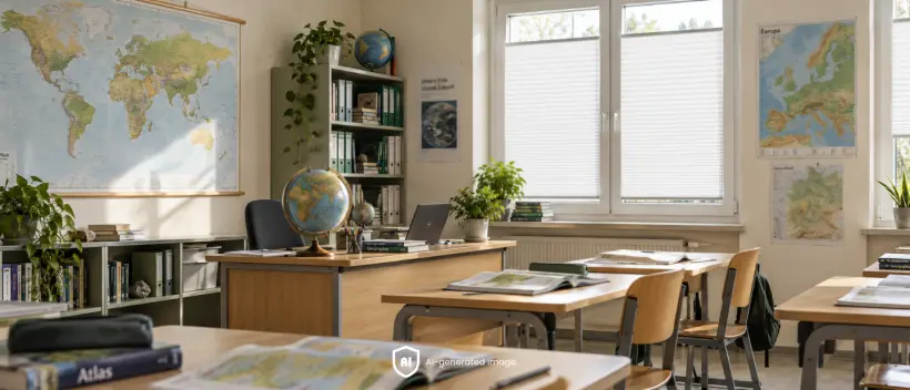 Sala geograficzna z mapami, globusami i białymi plisami na oknach.