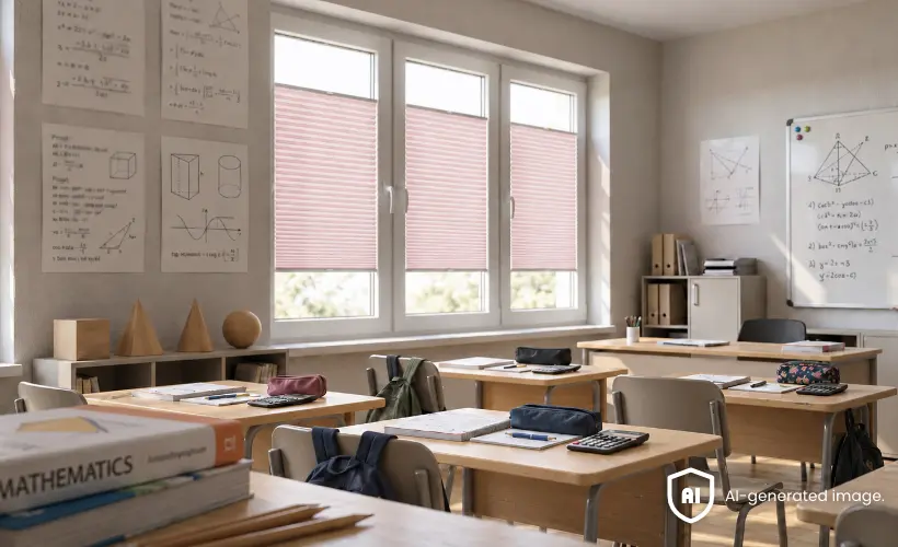 Sala matematyczna z ławkami, tablicą i r&oacute;żowymi plisami na oknach.