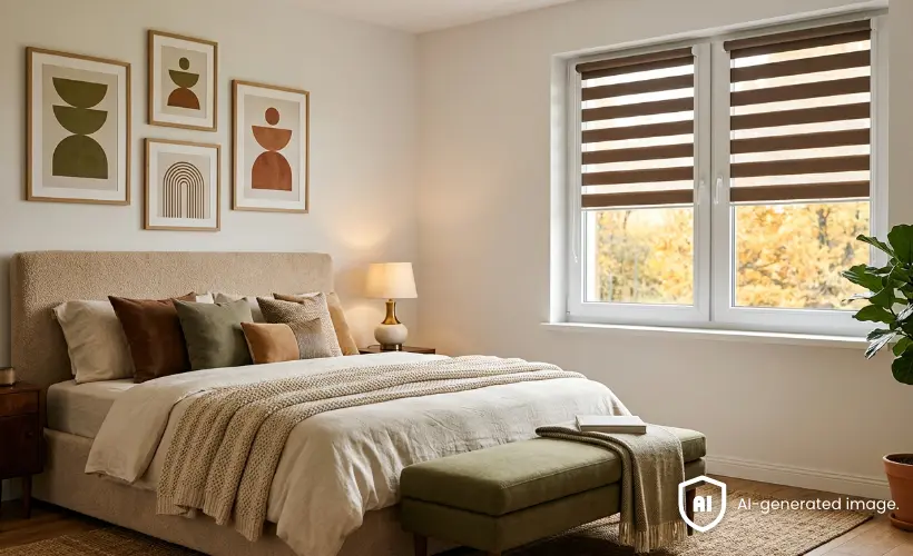 Bright, spacious bedroom in the Mid-Century Modern Autumn style with brown day and night blinds at the window