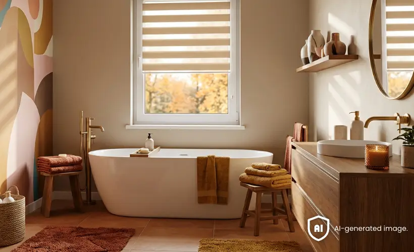 Modern, colourful bathroom in the Mid-Century Modern Autumn style with a beige day and night blind at the window