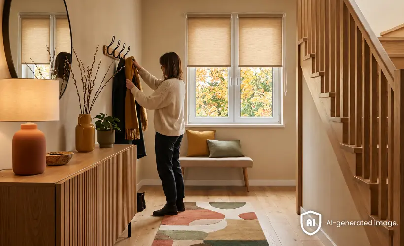 Woman hanging a jacket on a hook in the hallway, with golden standard roller blinds at the window in the background