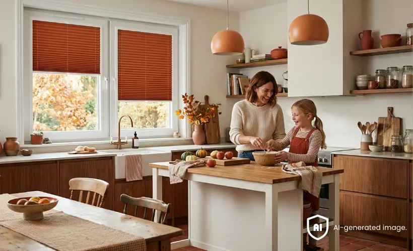 Mama z dzieckiem gotują w kuchni urządzonej w stylu Mid Century Modern Autumn