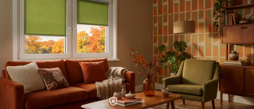Nowoczesny, przytulny salon w stylu Mid Century Modern Autumn z roletą zaciemniającą zieloną na oknie