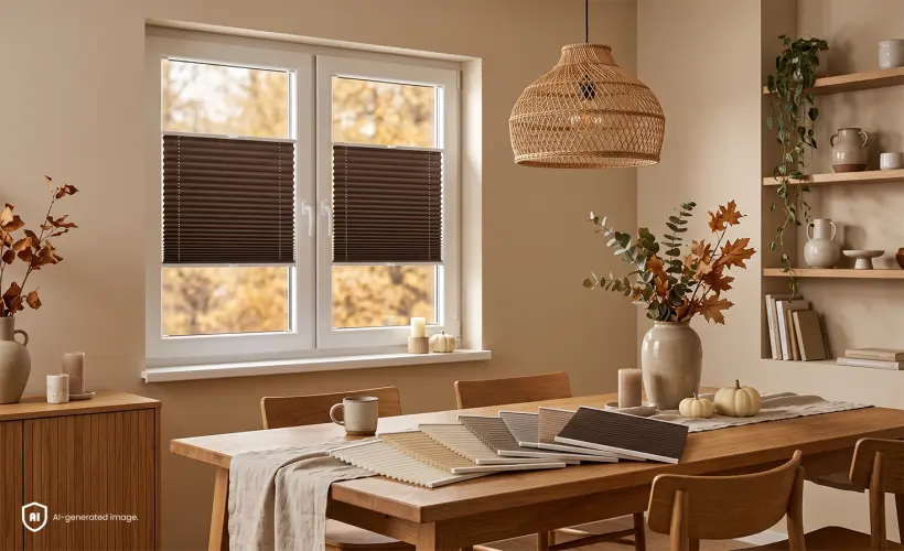 Dark brown pleated blinds in a dining area with a wooden table and fabric samples spread out on the kitchen table.