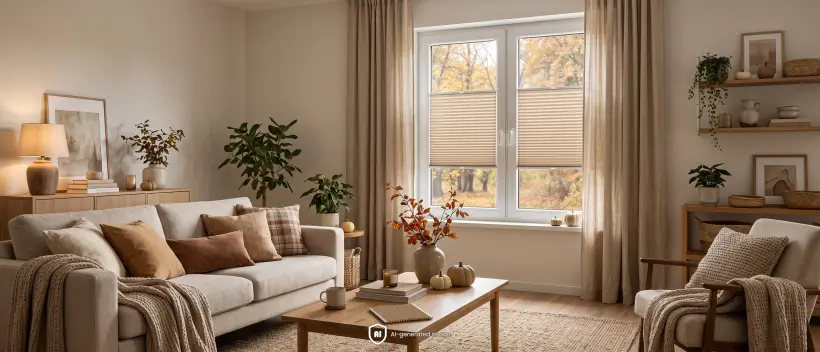 Beżowe plisy okienne zasłaniające środkową część okna w salonie urządzonym w naturalnych kolorach.