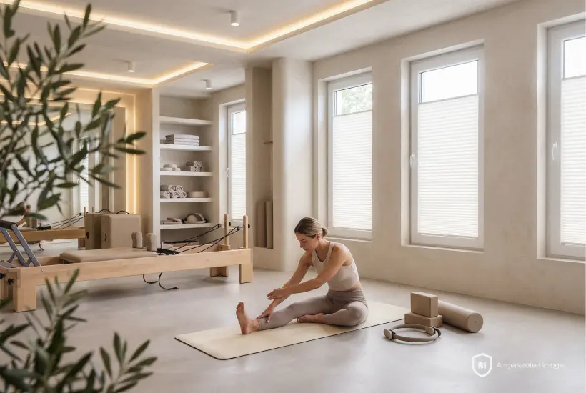 Woman stretching on a mat after a Pilates workout