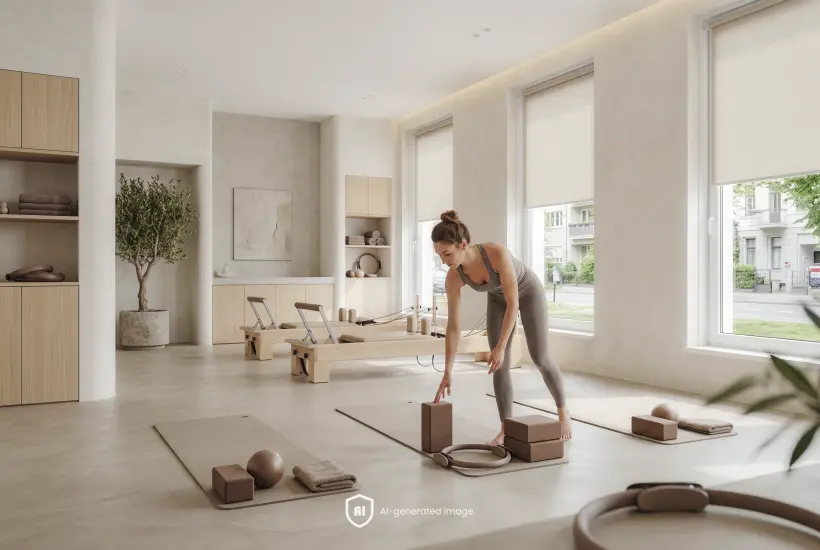 Instruktorka zajęć pilates szykująca salę do ćwiczeń