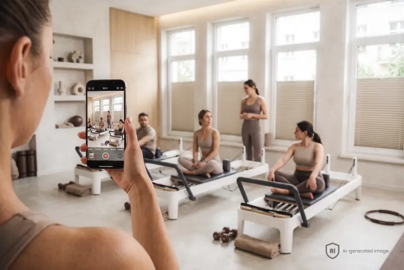 Trenerka nagrywa trening pilates na reformerach