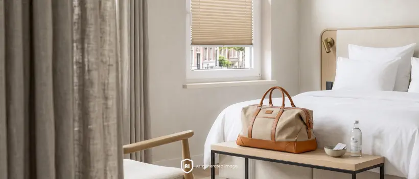 Beżowa plisa na oknie w pokoju hotelowym z białym łóżkiem i torbą podróżną na stoliku.