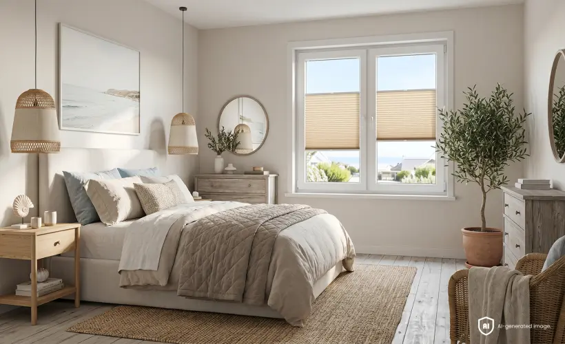 Cosy, beige bedroom in a seaside style with beige standard pleated blinds on the window