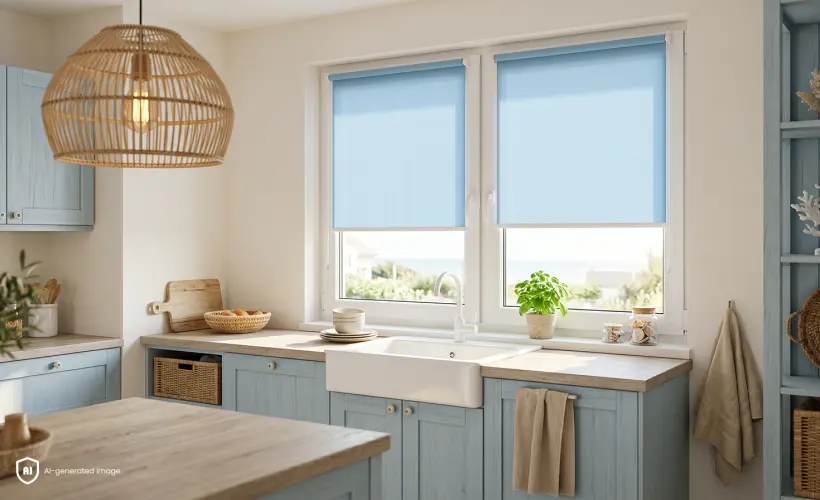 Blue, small kitchen in a seaside style with blue standard roller blinds on the window