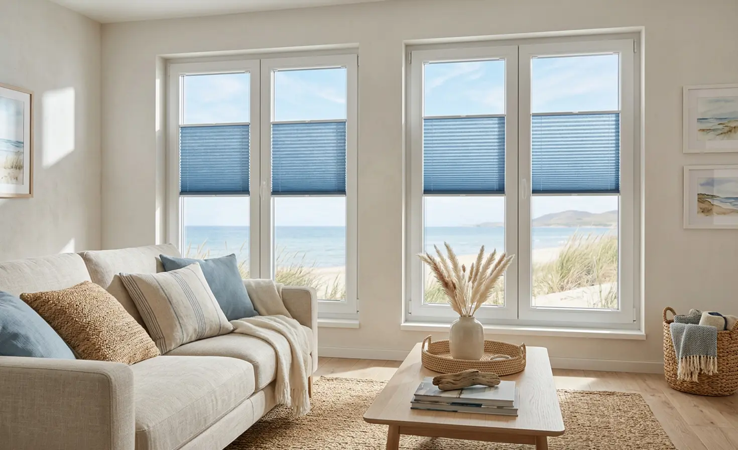 Mały salon w stylu coastal z plisami standard w kolorze niebieskim na oknach