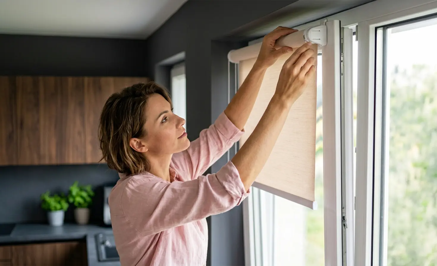 Kobieta w ciemnej kuchni montująca na oknie roletę standard w kolorze beżowym