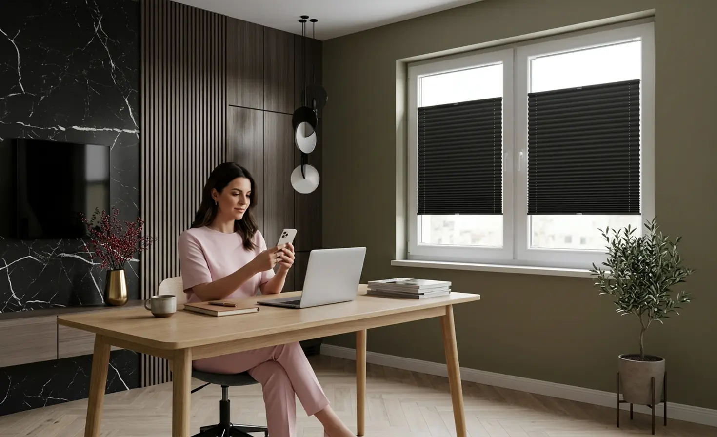Kobieta siedząca przy biurku w minimalistycznym biurze z plisami czarnymi zaciemniajacymi na oknie