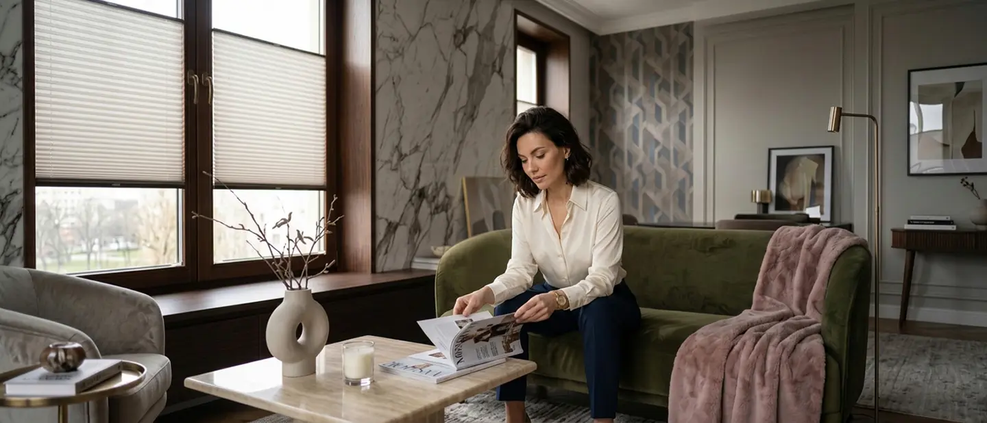 Kobieta siedząca w salonie w stylu glamour czytająca magazyn z plisą szarą standard na oknie