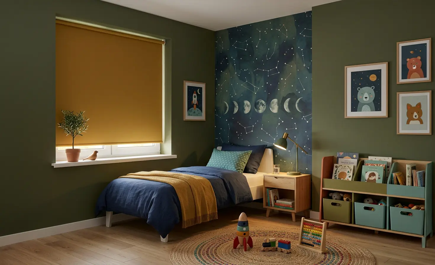 Kolorowy, duży pok&oacute;j dziecka z roletą ż&oacute;łtą standard na oknie