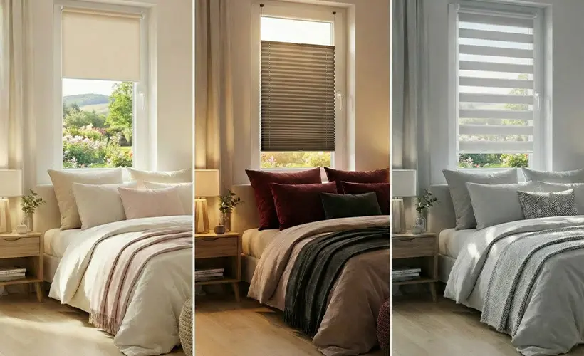 Comparison of a roller blind, pleated blind and day and night blind on bedroom windows.