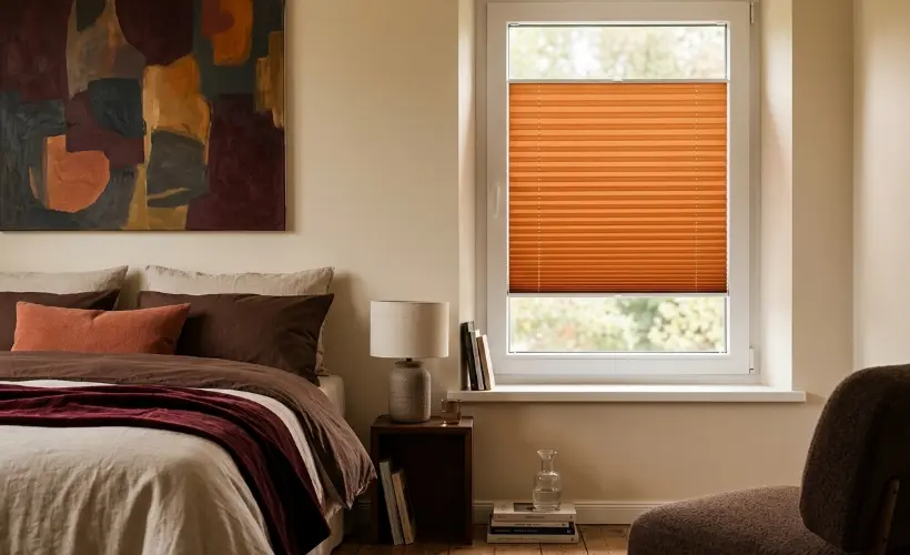 A bedroom in earth tones with orange standard pleated blinds on the window.