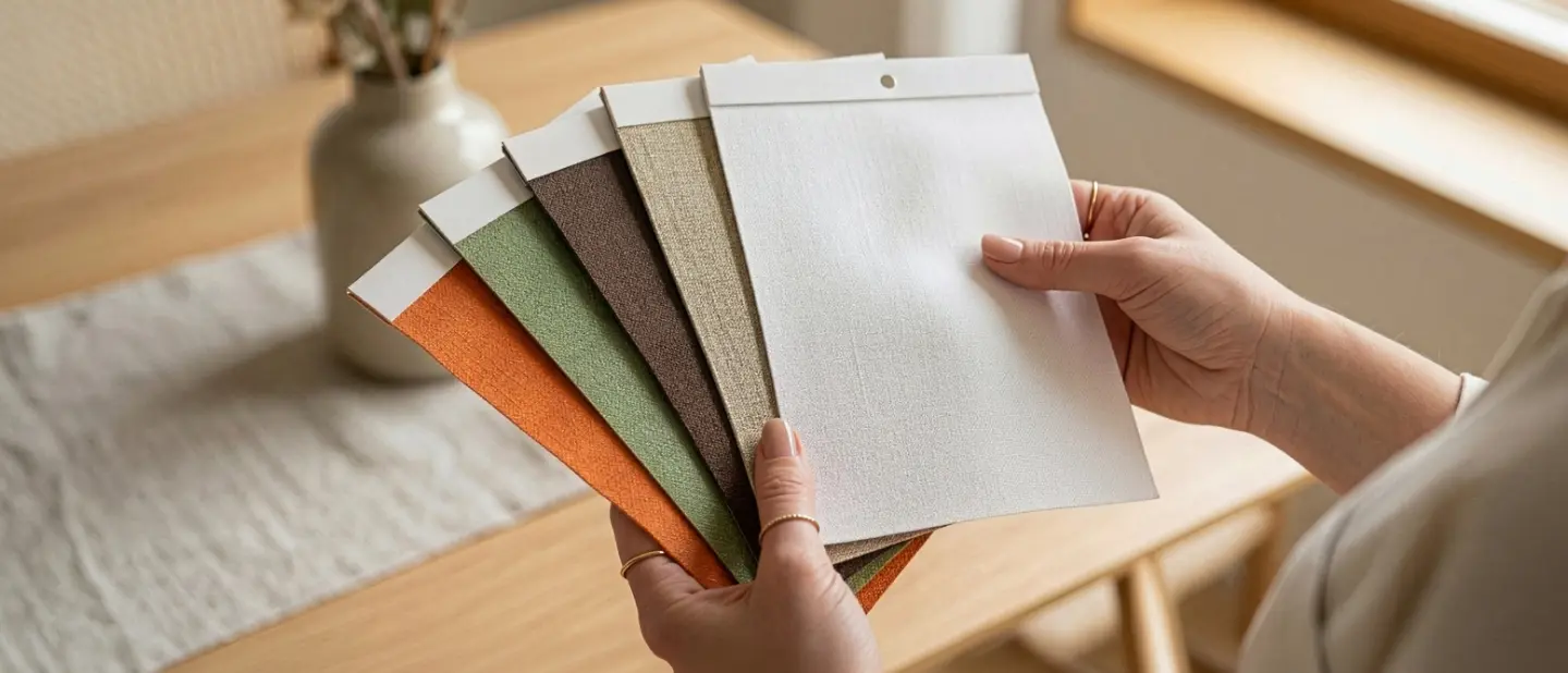 A woman’s hands holding fabric swatches in the trendiest colors of 2026: earth tones, greens, browns, and beiges.