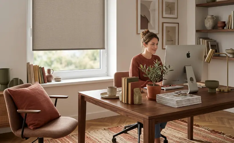 A woman sitting at a desk in a modern office with a standard roller blind in a light beige shade on the window.