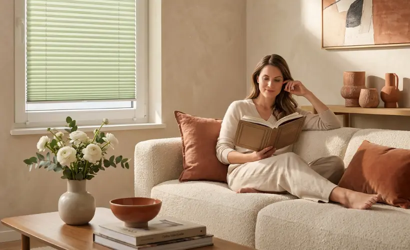 Kobieta siedzącą na kanapie, czytająca książkę w słonecznym salonie z plisą zieloną na oknie