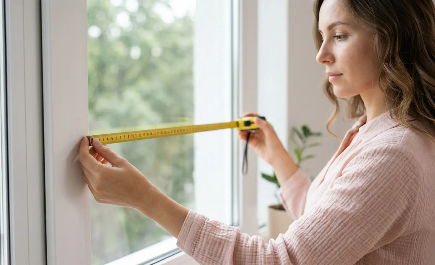 Kobieta przy oknie z miarą, mierząca wymiary okna przed zakupem rolety