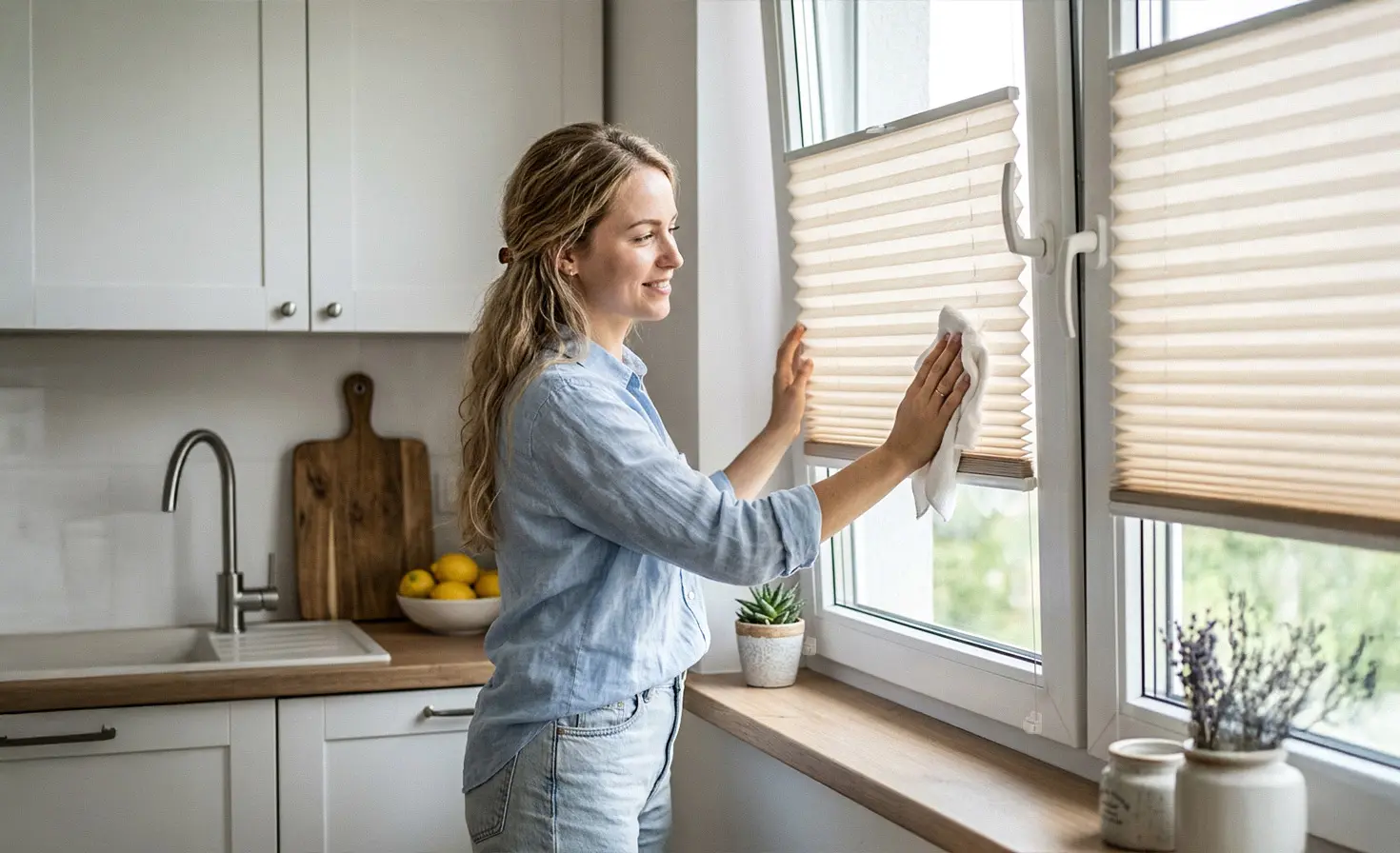 Kobieta w  białej kuchni przy oknie z plisą beżową, trzymająca ściereczkę, czyszcząca plisę 
