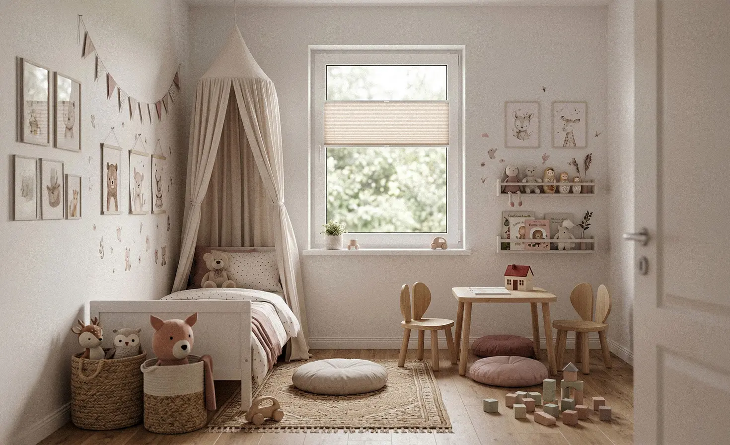 Mały, przytulny, jasny pok&oacute;j dziecka z plisą perłową na oknie
